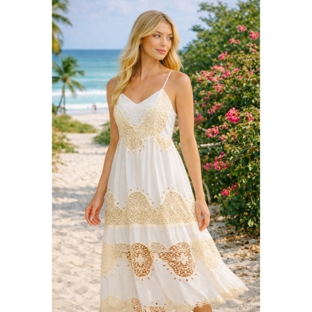 White Crochet Lace Eyelet Boho Maxi Dress Smocked Back Tiered Beach Sundress NWT